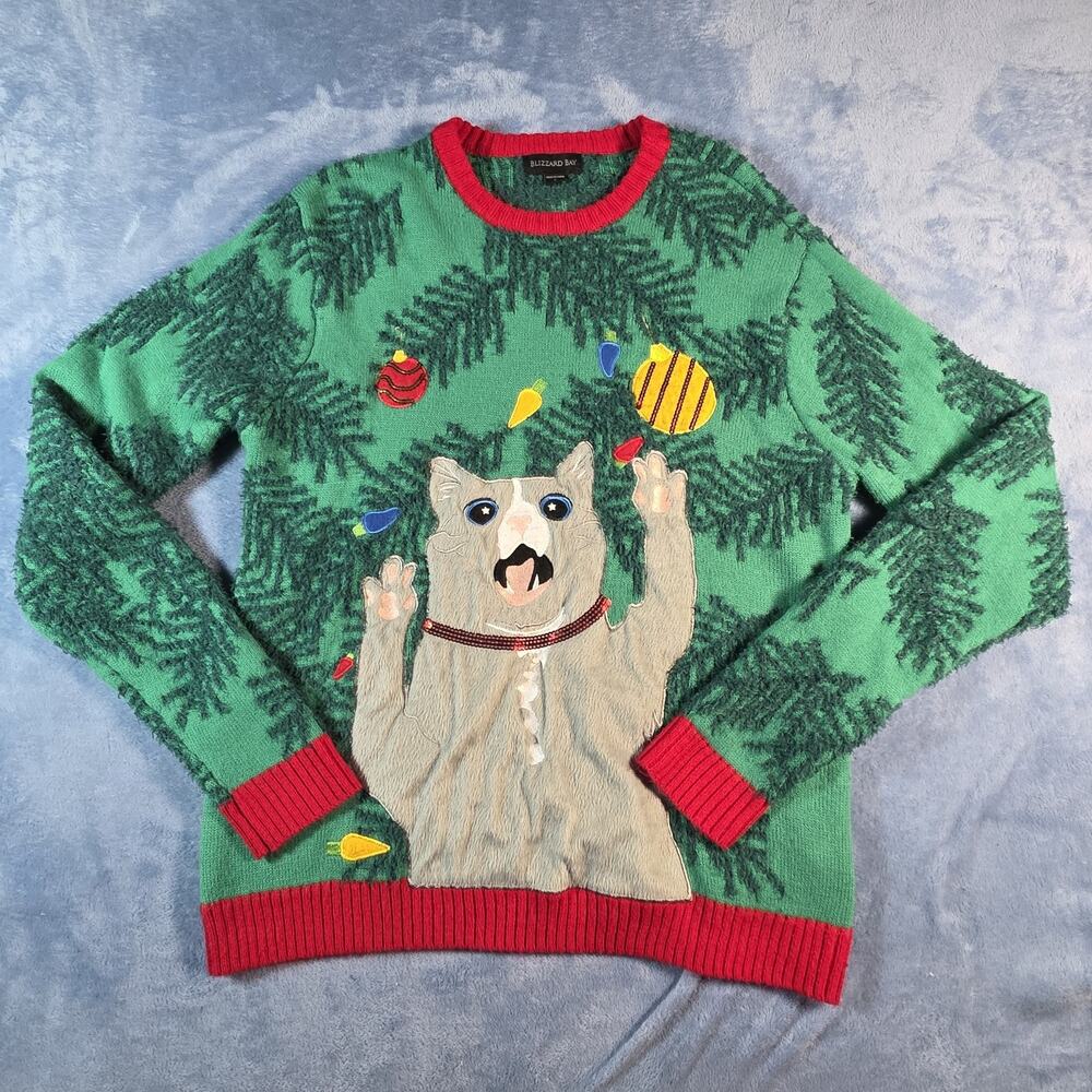 Blizzard Bay Men’s L Ugly Christmas Sweater Cat Ornaments Green 3D Applique